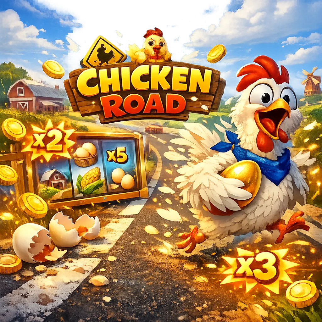 Bright promotional image featuring a playful chicken on a road with coins, feathers, and eggs.