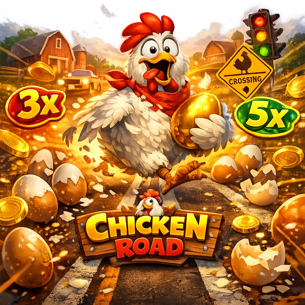 Dynamic promotional image featuring a funny chicken crossing road with coins, feathers, and playful crash-game energy