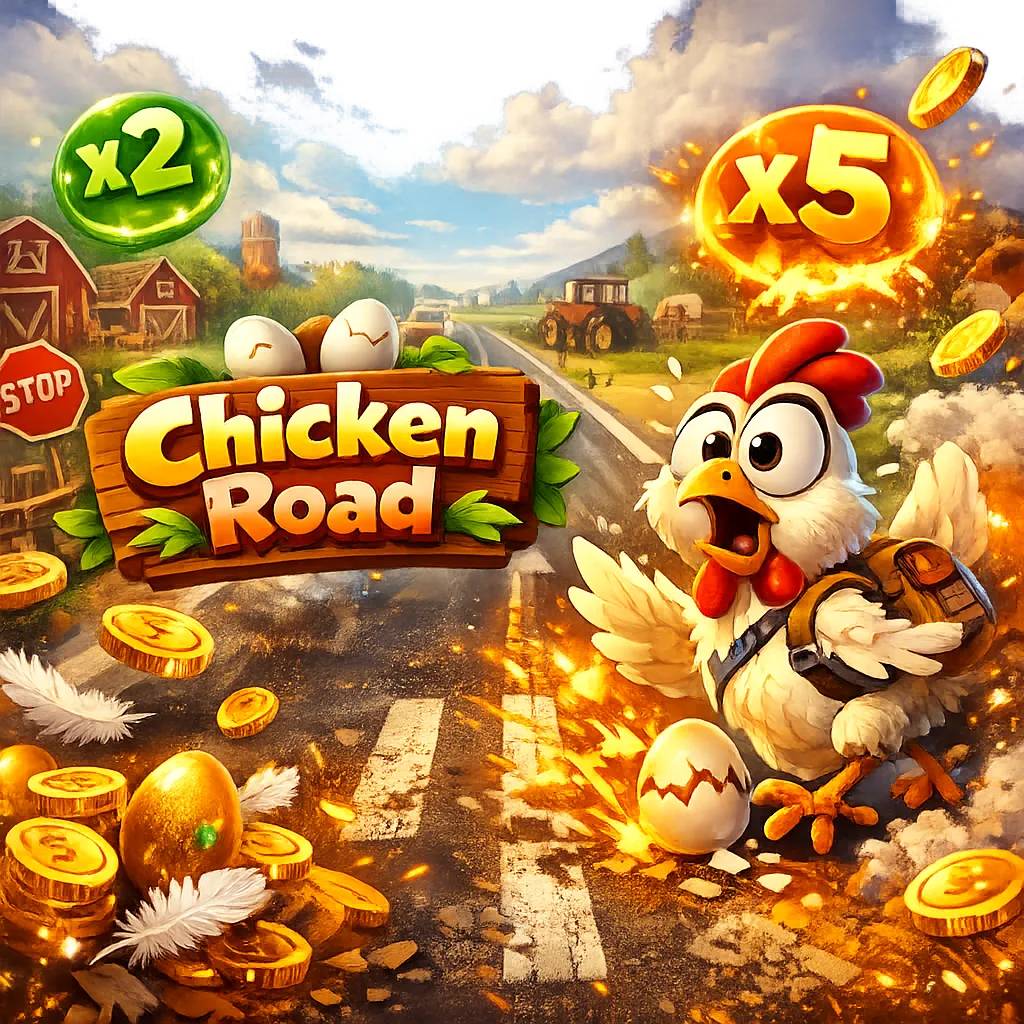 Dynamic promo image for Chicken Road slot featuring a playful chicken, road lanes, eggs, feathers, and floating coins